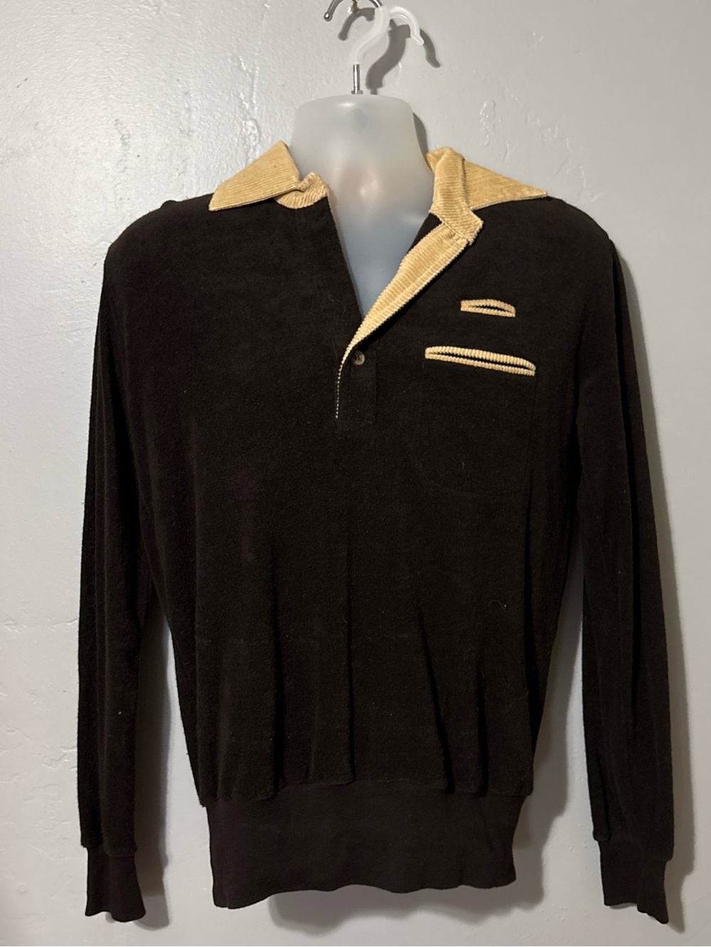 Vtg Faded Glory Polo Long Sleeve Terry Cloth Shirt Men’s L 70s Collared Brown